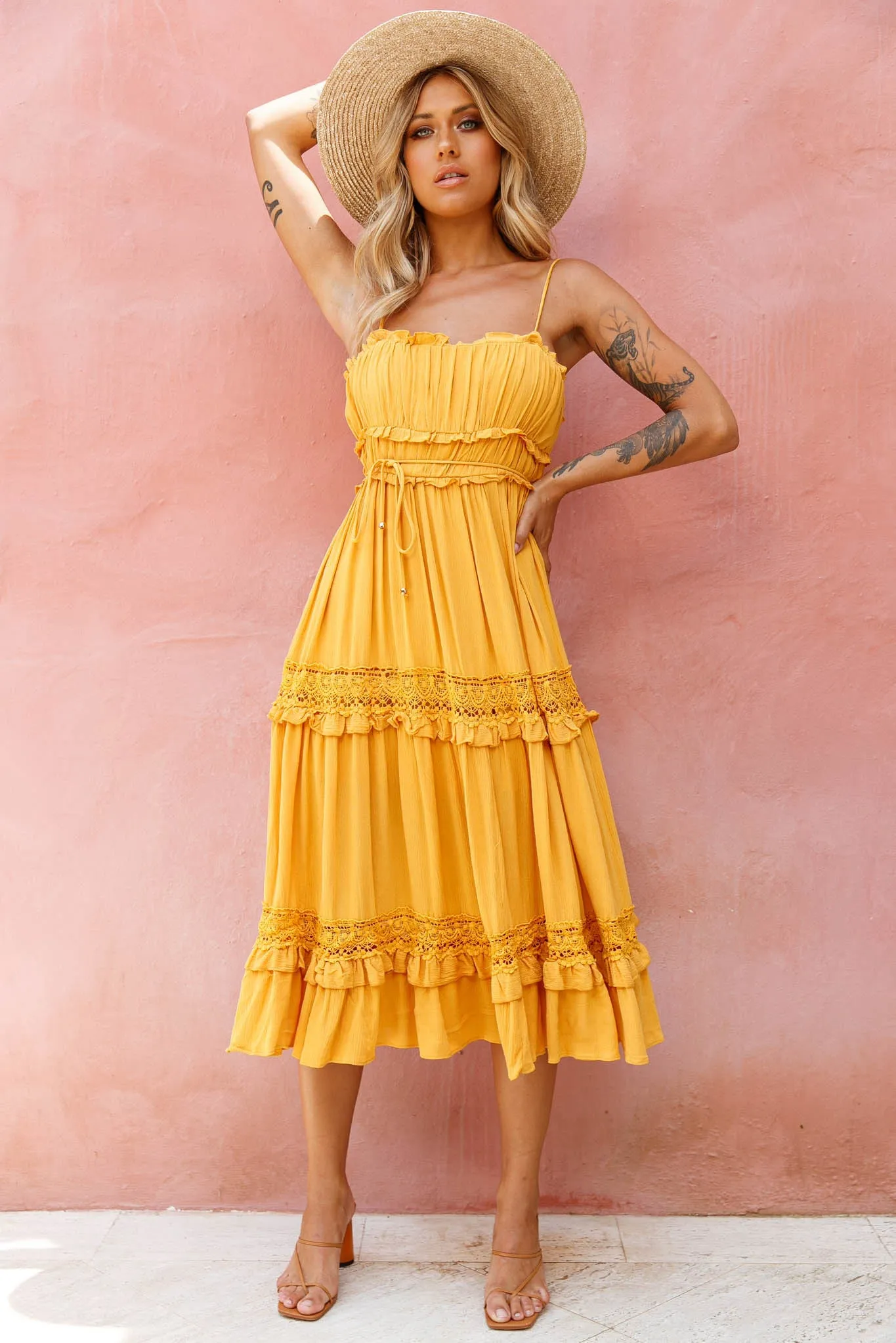 Meet You There Crochet & Frill Trim Detail Midi Dress Mustard