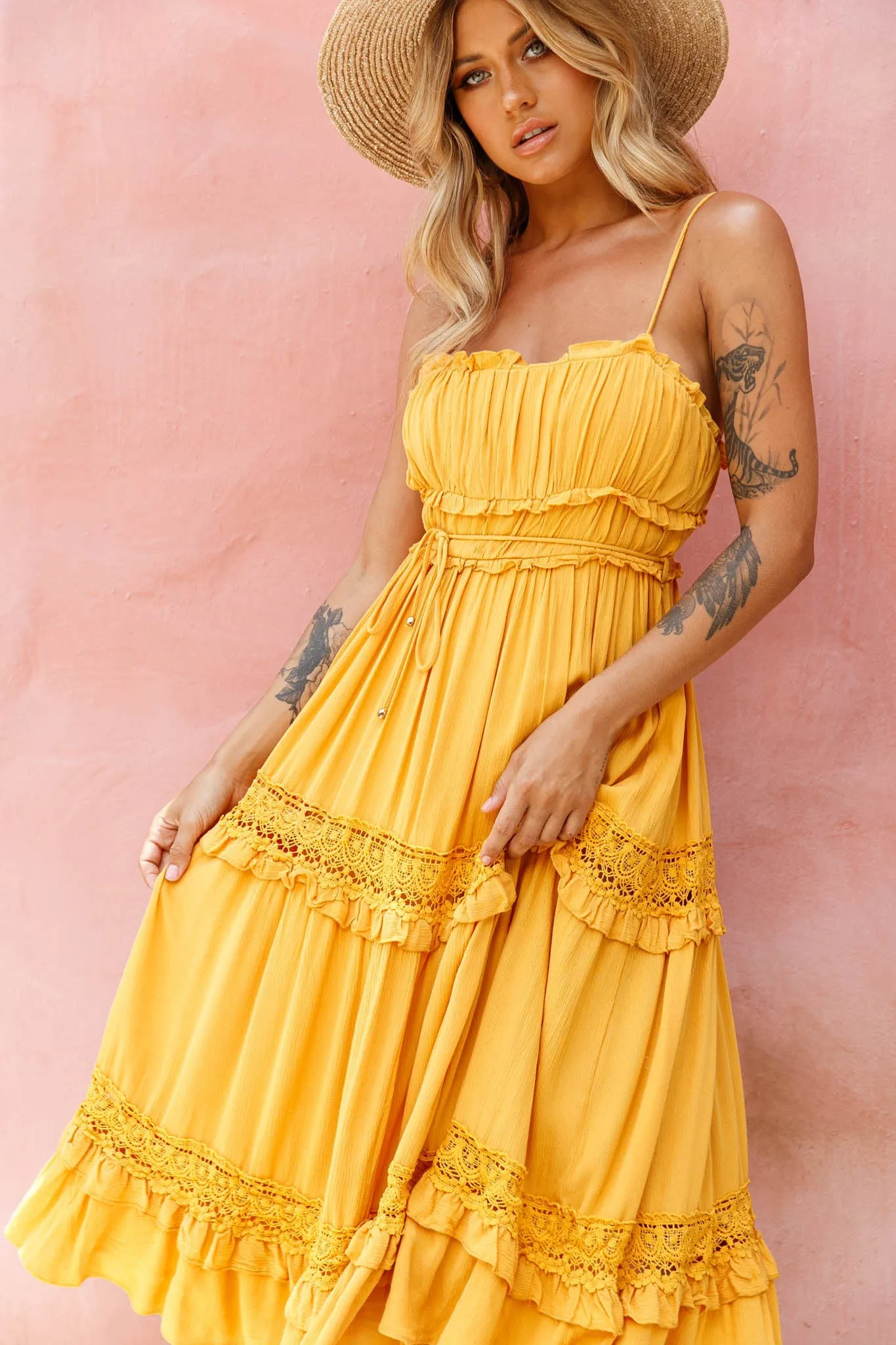 Meet You There Crochet & Frill Trim Detail Midi Dress Mustard