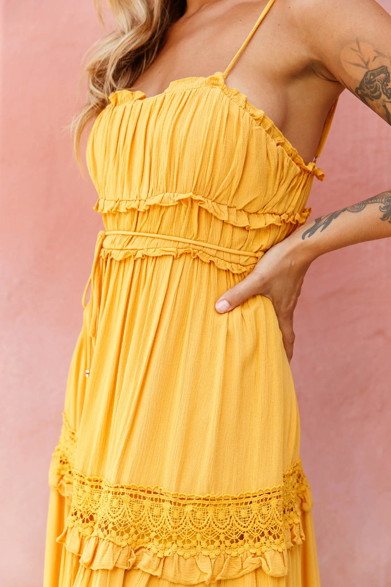 Meet You There Crochet & Frill Trim Detail Midi Dress Mustard