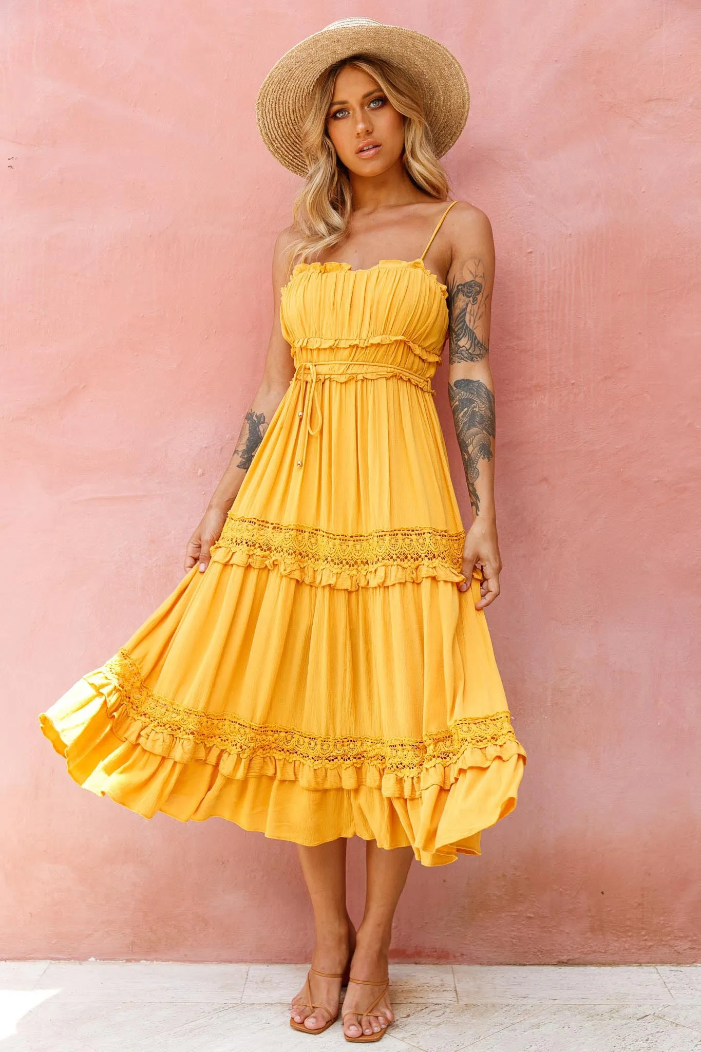 Meet You There Crochet & Frill Trim Detail Midi Dress Mustard