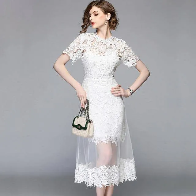 Mesh Patchwork Lace O-Neck Work Casual Dress