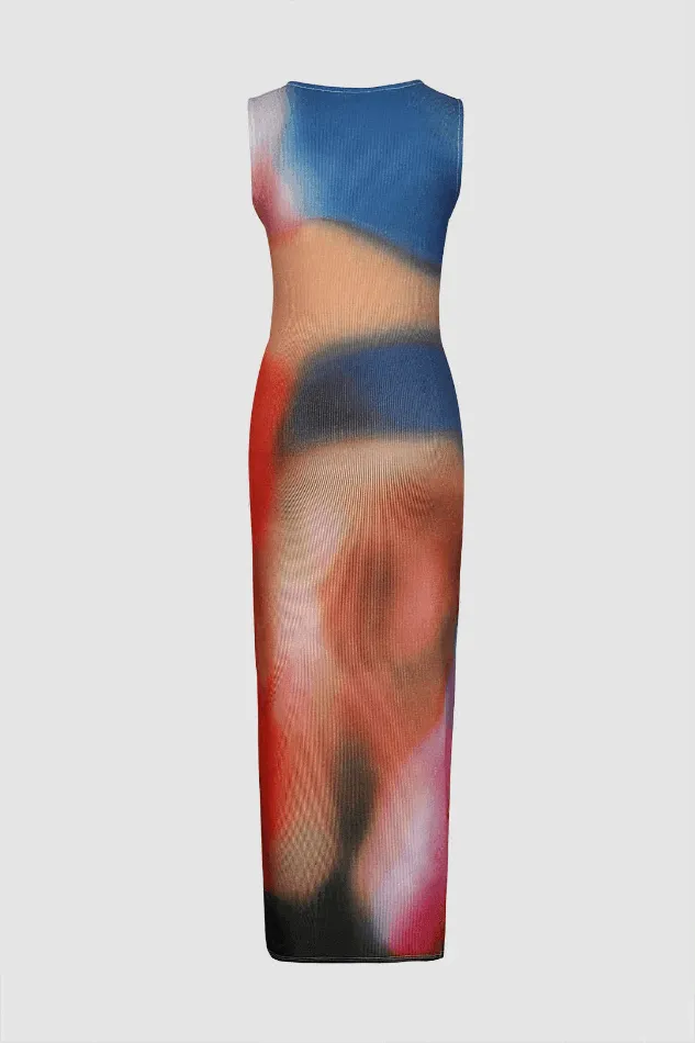 Multicolor Print Slit Sleeveless Midi Dress