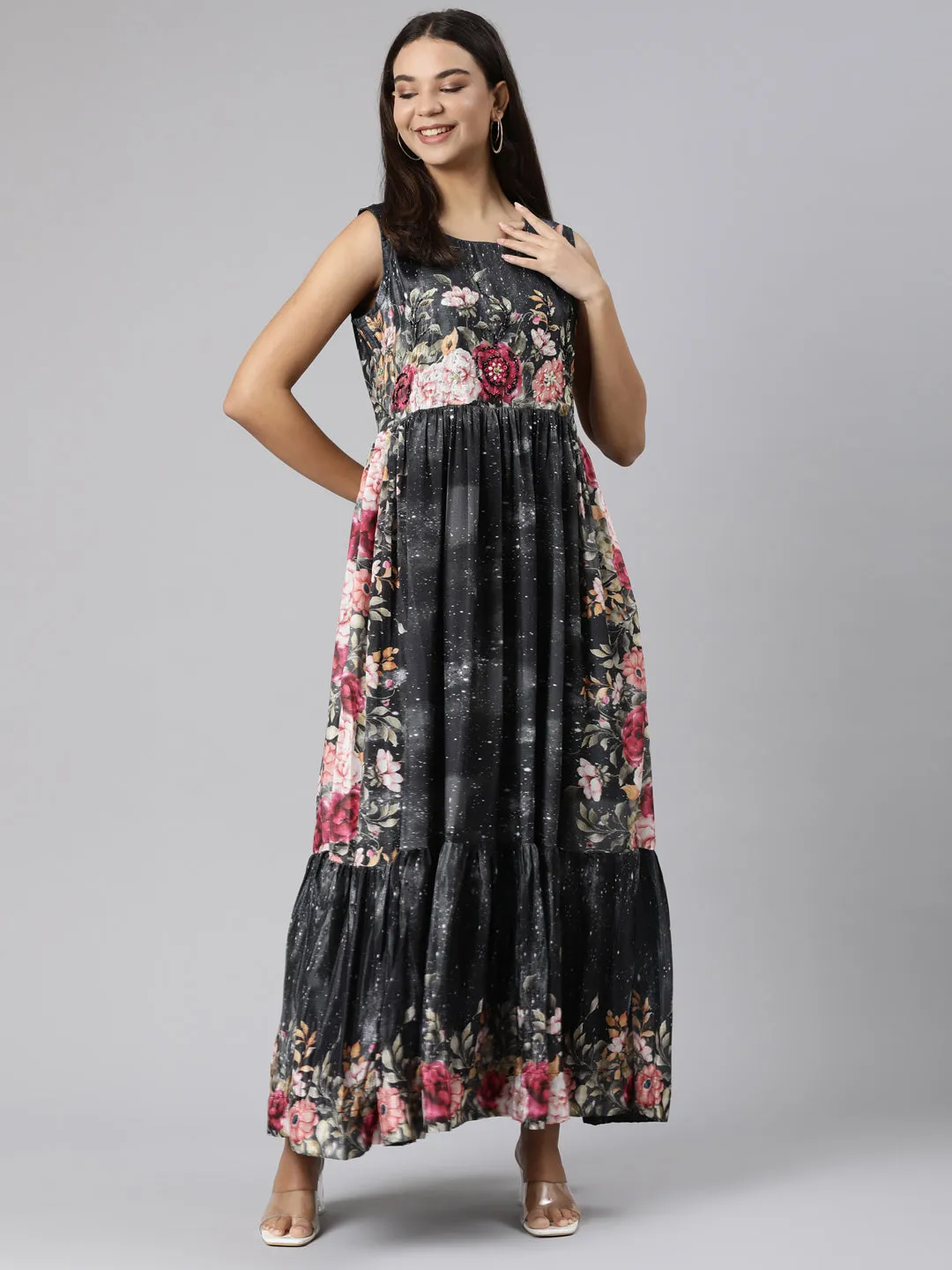 Neeru's Black Flared Casual Floral Dresses