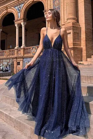 New Arrival Navy Tulle Sparkly A-line Deep V-neck Backless Elegant Prom Dresses, SP560