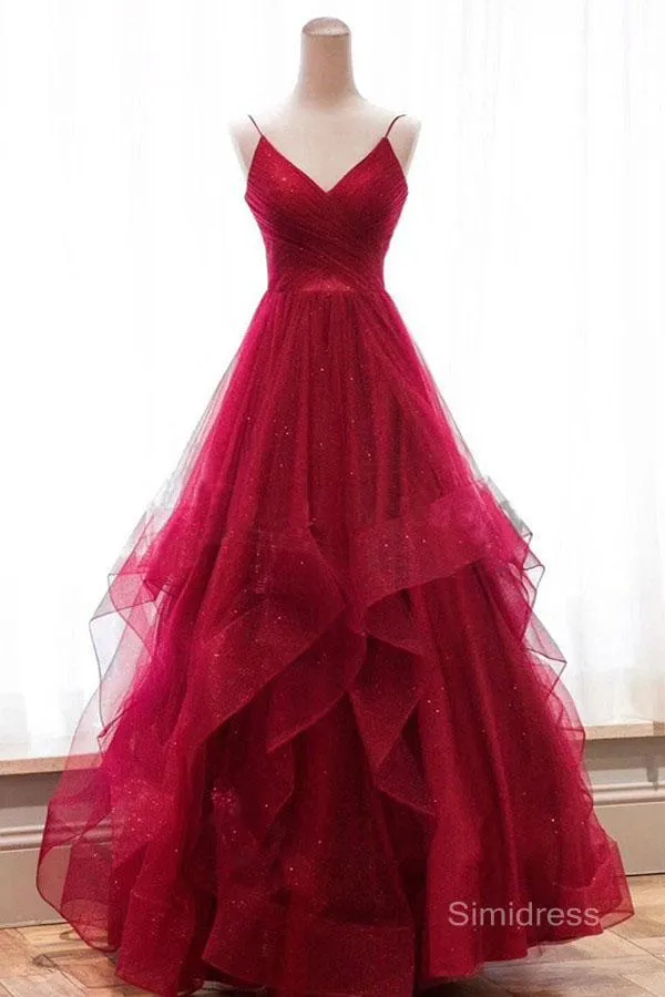 New Arrival Sparkly A-line Red Ruffles Straps Open Back Long Prom Dresses, SP584