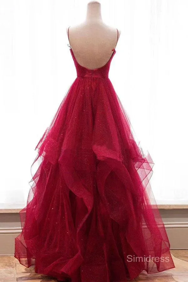 New Arrival Sparkly A-line Red Ruffles Straps Open Back Long Prom Dresses, SP584