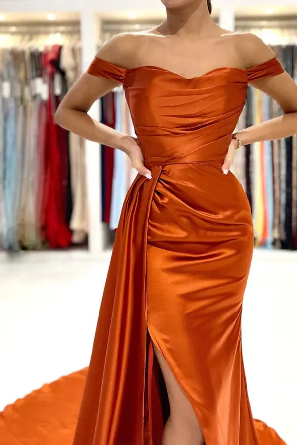 Orange Mermaid Satin Off-the-Shoulder Prom Dresses, Evening Dresses, SP878