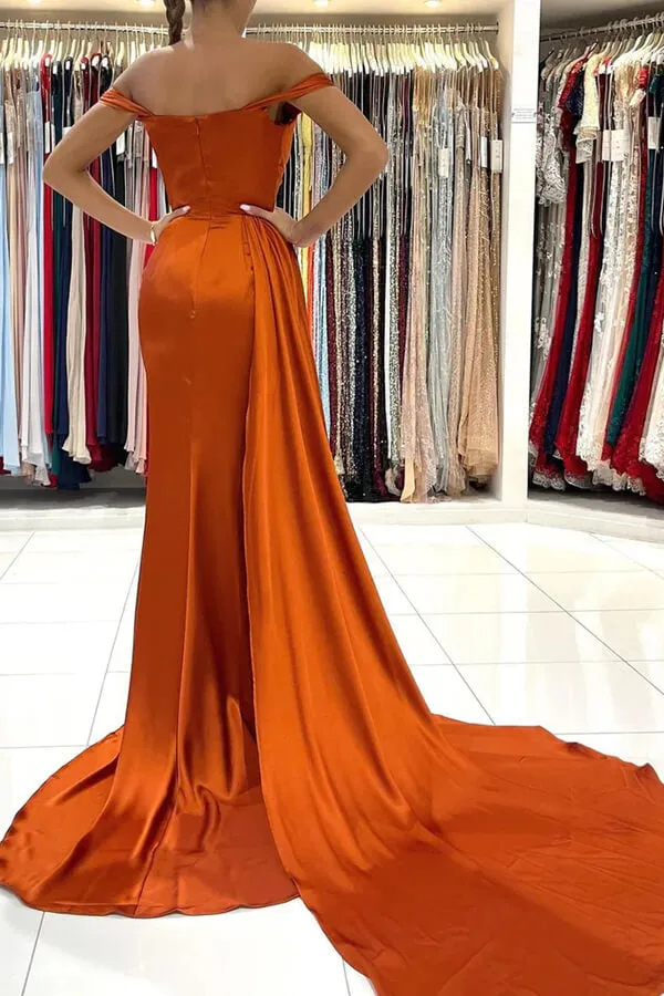 Orange Mermaid Satin Off-the-Shoulder Prom Dresses, Evening Dresses, SP878