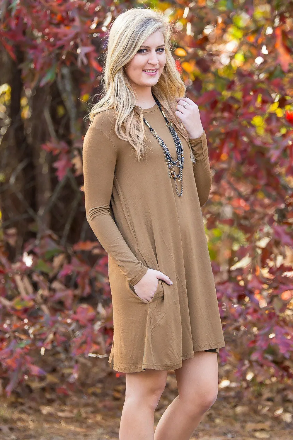 Piko Long Sleeve Swing Dress - Mocha