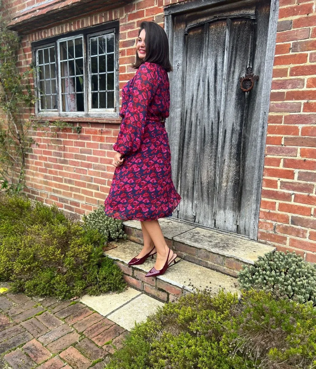 Pink Rose Print Lorie Midi Dress