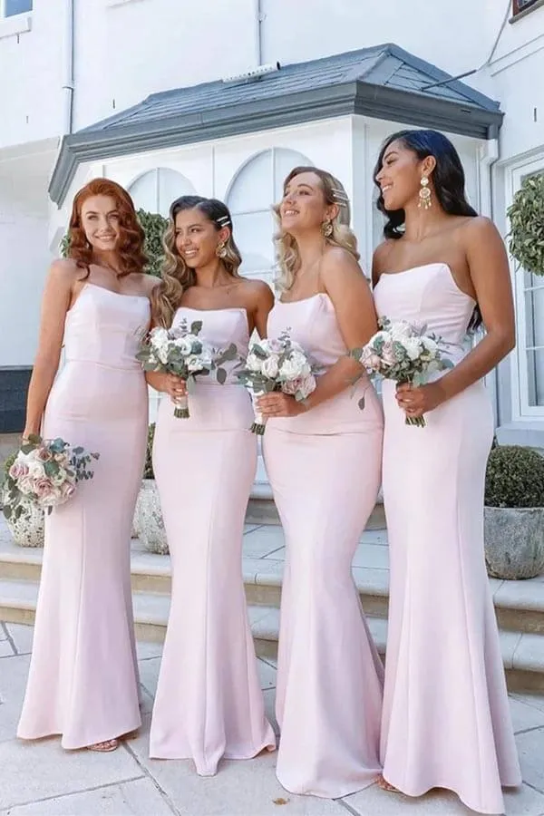 Pink Stretchy Satin Strapless Mermaid Floor-length Bridesmaid Dresses, BD139