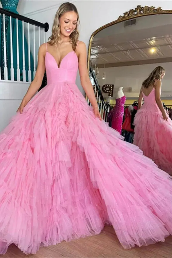 Pink Tulle Tiered A-line V-neck Spaghetti Straps Prom Dresses, Party Dress, SP922