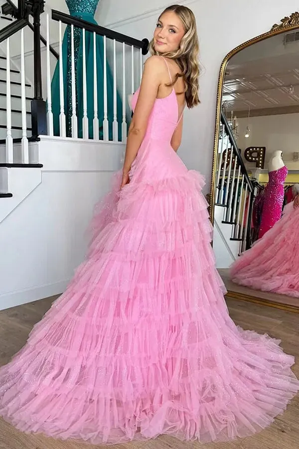 Pink Tulle Tiered A-line V-neck Spaghetti Straps Prom Dresses, Party Dress, SP922