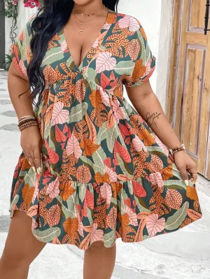 Plus Size Boho Batwing Sleeve Dress with Plant Print and Ruffle Hem