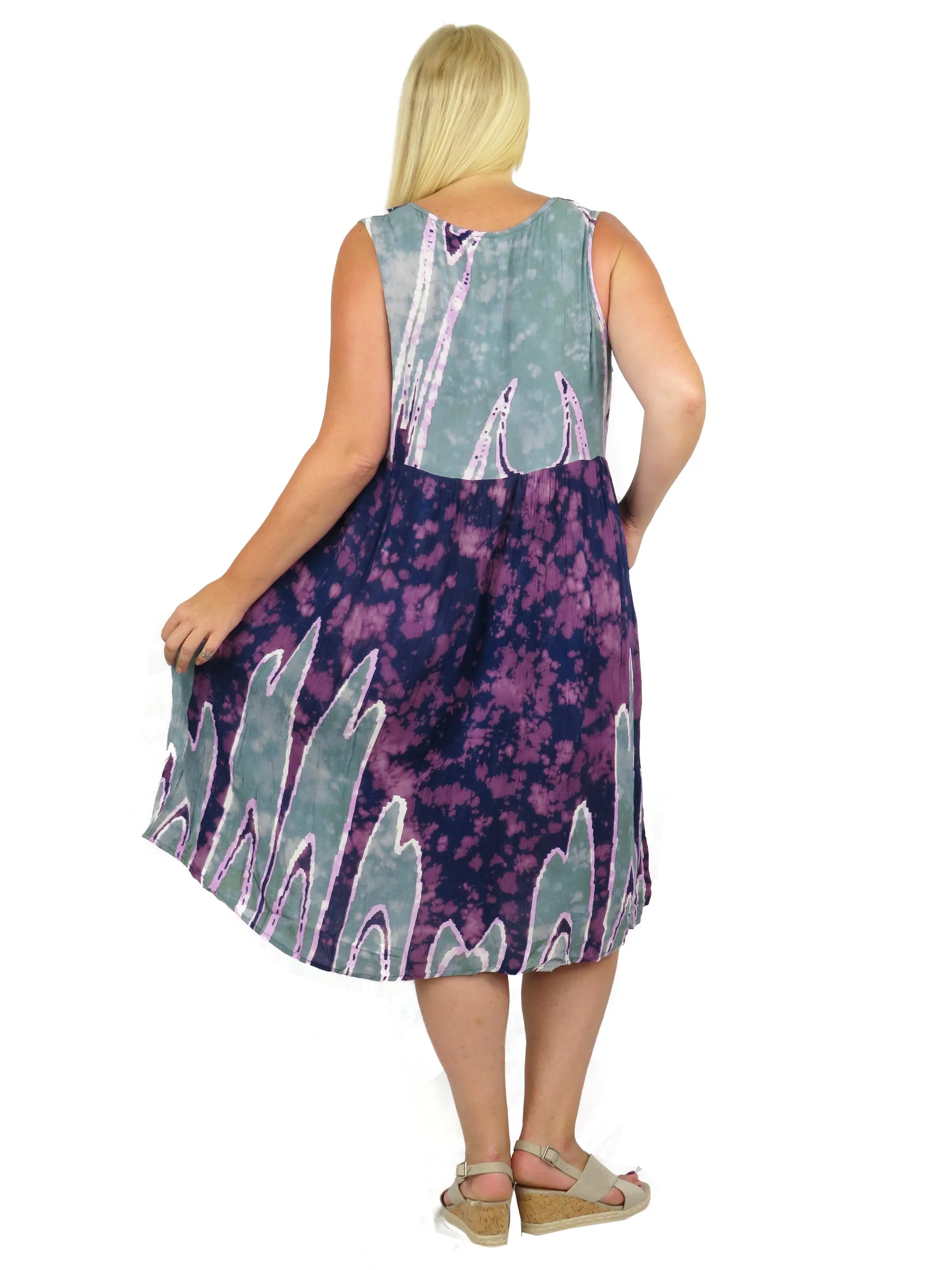 Plus Size Purple Celadon Abstract Print Empire Waist Dress