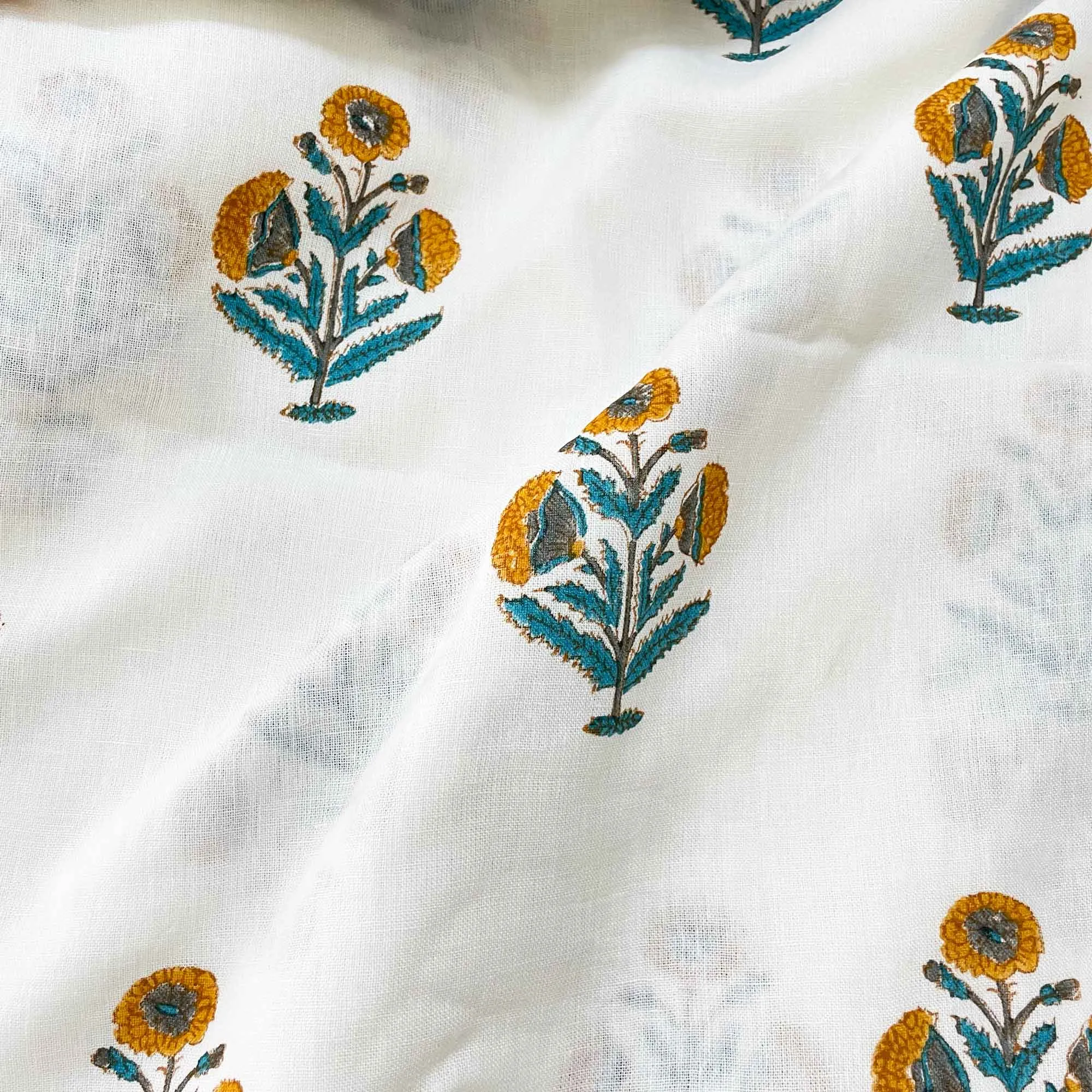 Poppy Floral Block Print Linen Fabric in Mustard and Teal