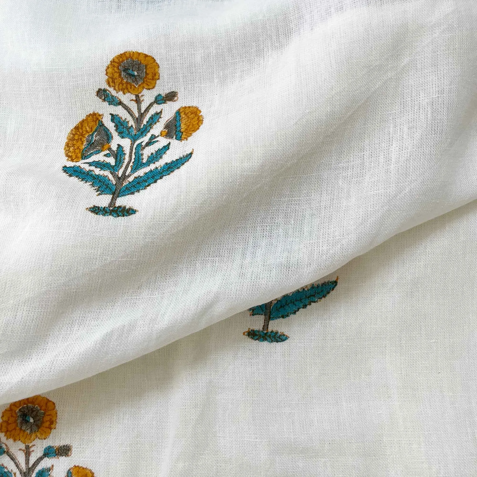 Poppy Floral Block Print Linen Fabric in Mustard and Teal