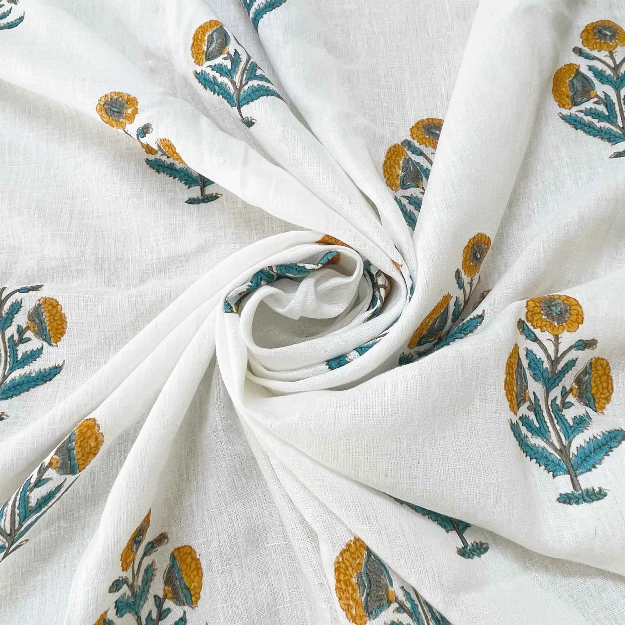 Poppy Floral Block Print Linen Fabric in Mustard and Teal