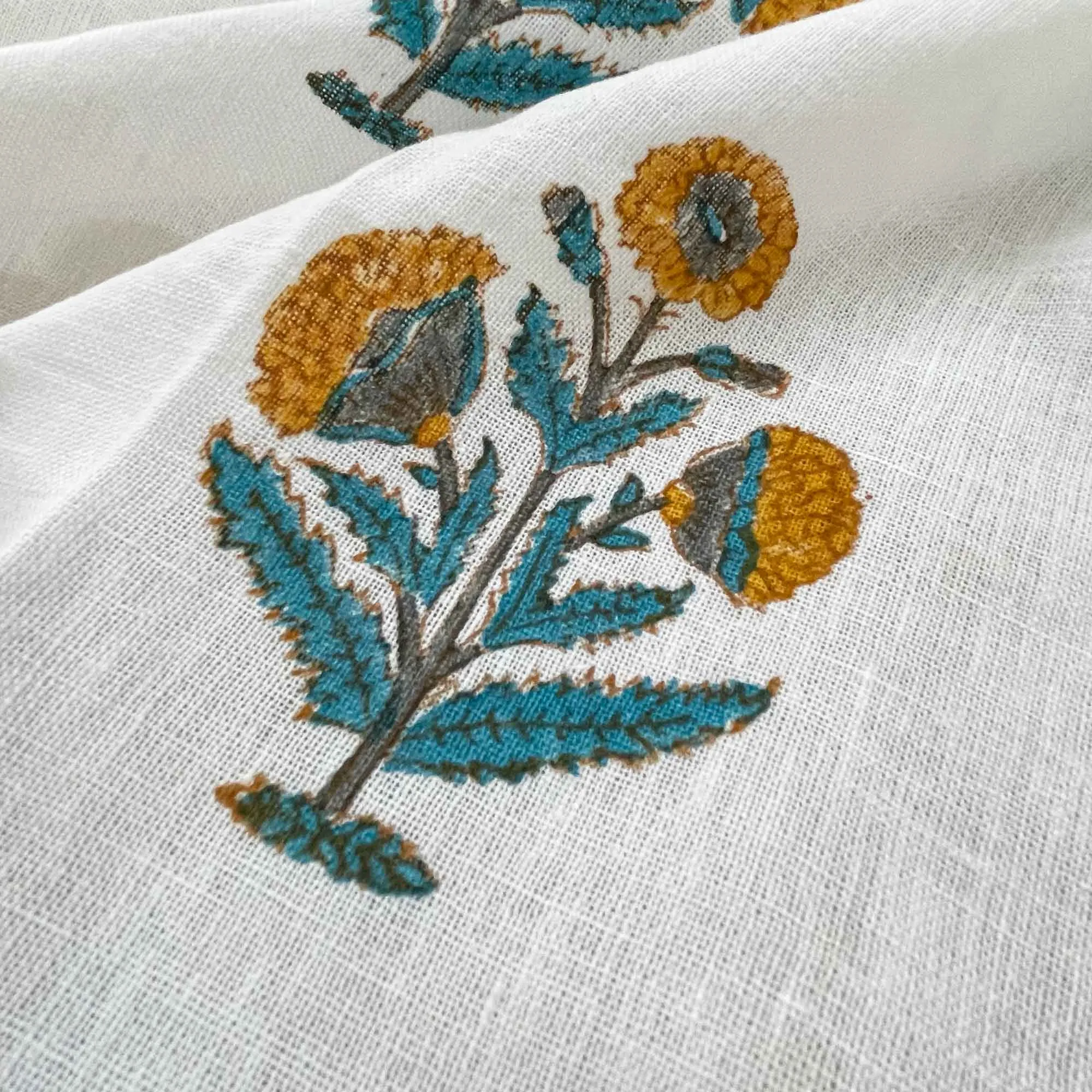 Poppy Floral Block Print Linen Fabric in Mustard and Teal