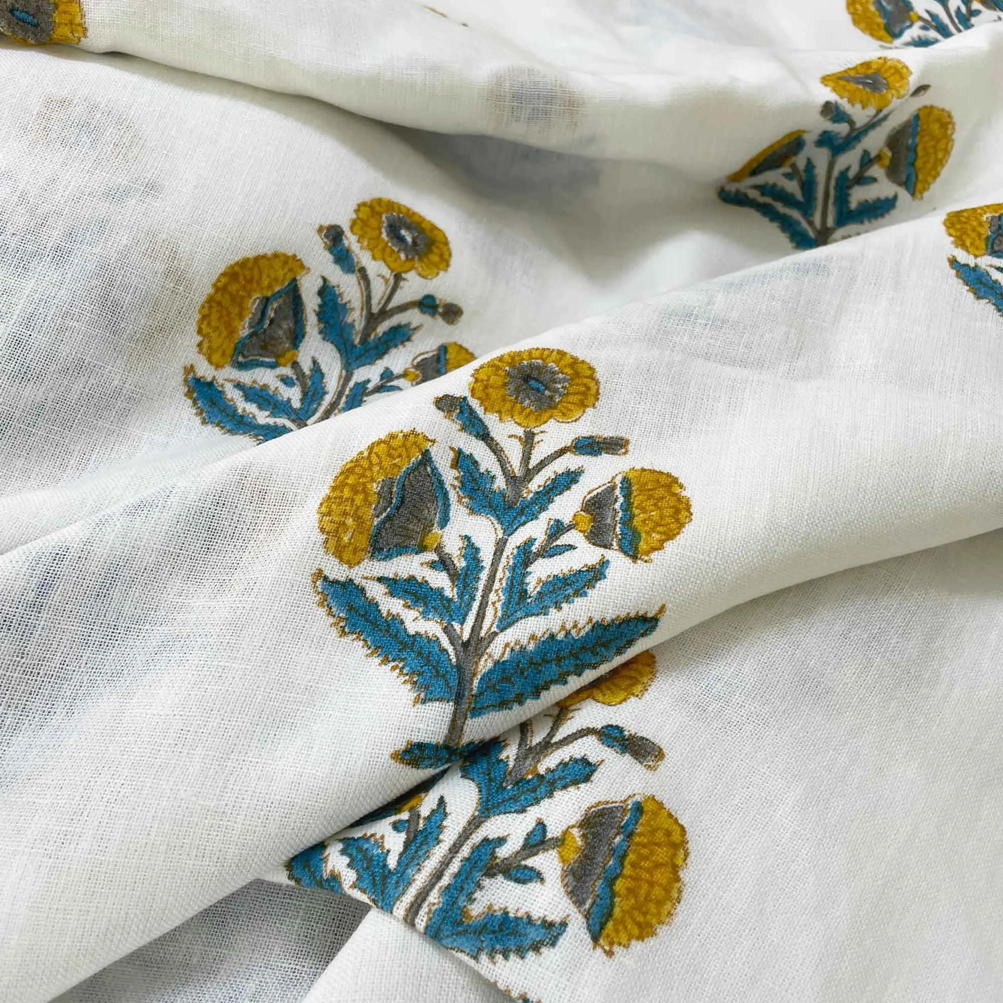 Poppy Floral Block Print Linen Fabric in Mustard and Teal