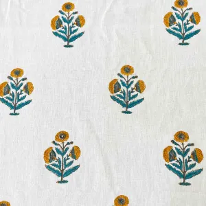 Poppy Floral Block Print Linen Fabric in Mustard and Teal