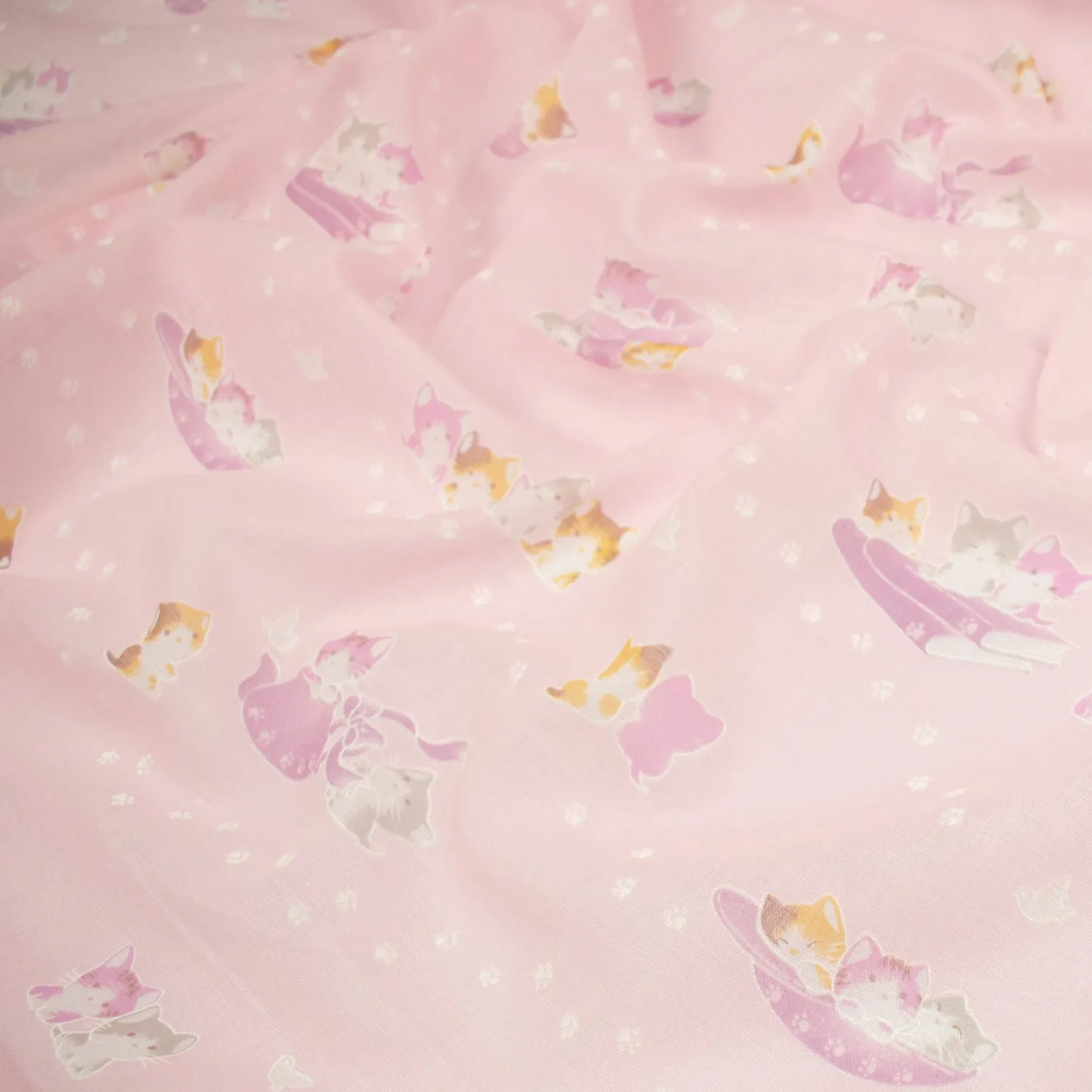 Printed Cotton Voile Design-31 Happy Kitties & Paws on Baby Pink