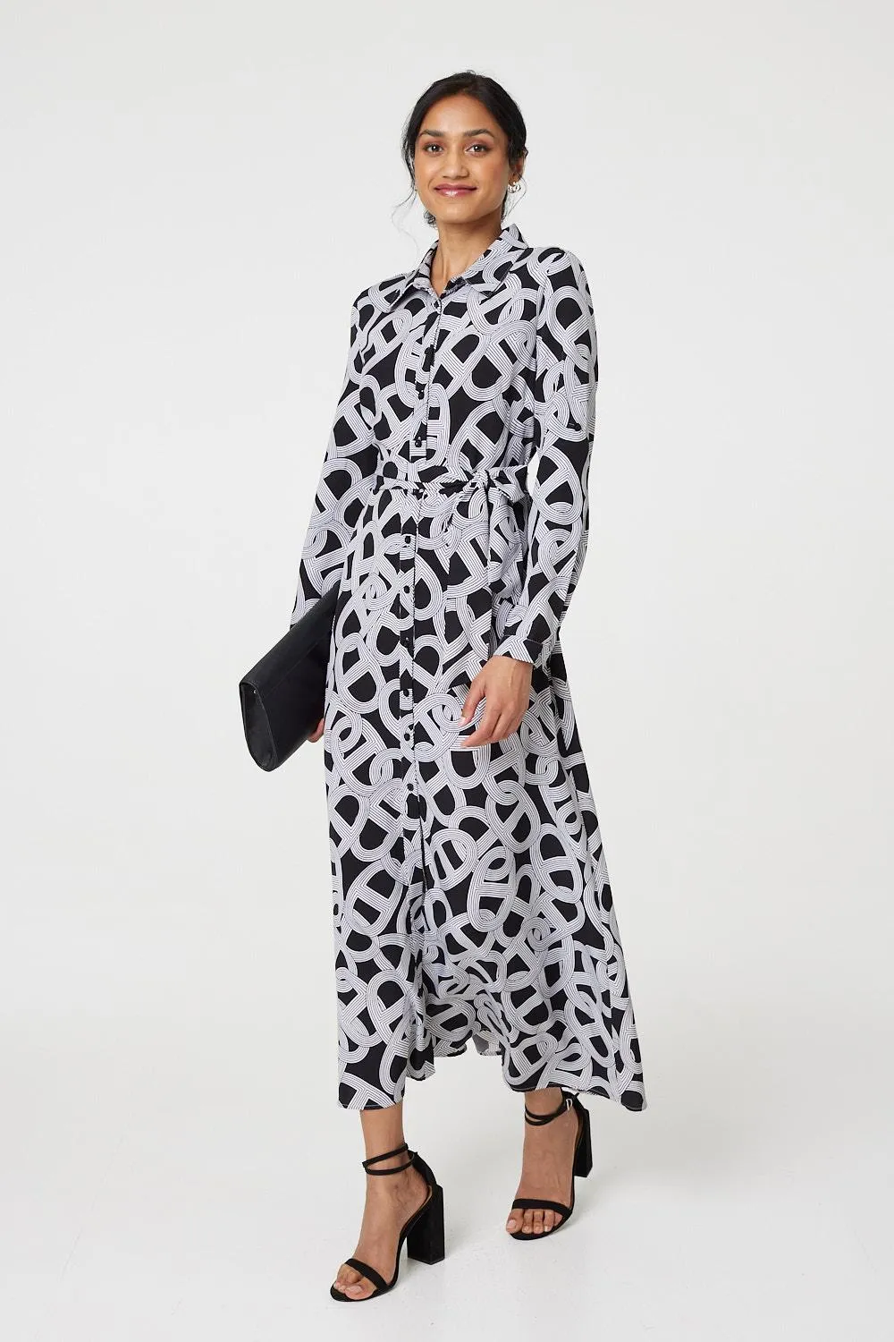 Printed Long Sleeve Shirt Maxi Dress