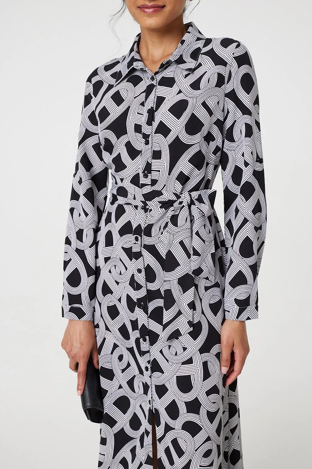 Printed Long Sleeve Shirt Maxi Dress