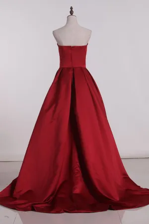 Prom Dresses Sweetheart Satin Red Court Train