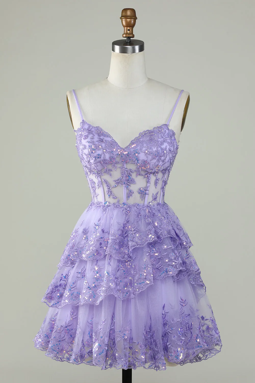 Purple Sparkly Corset A-Line Spaghetti Strap Homecoming Dress