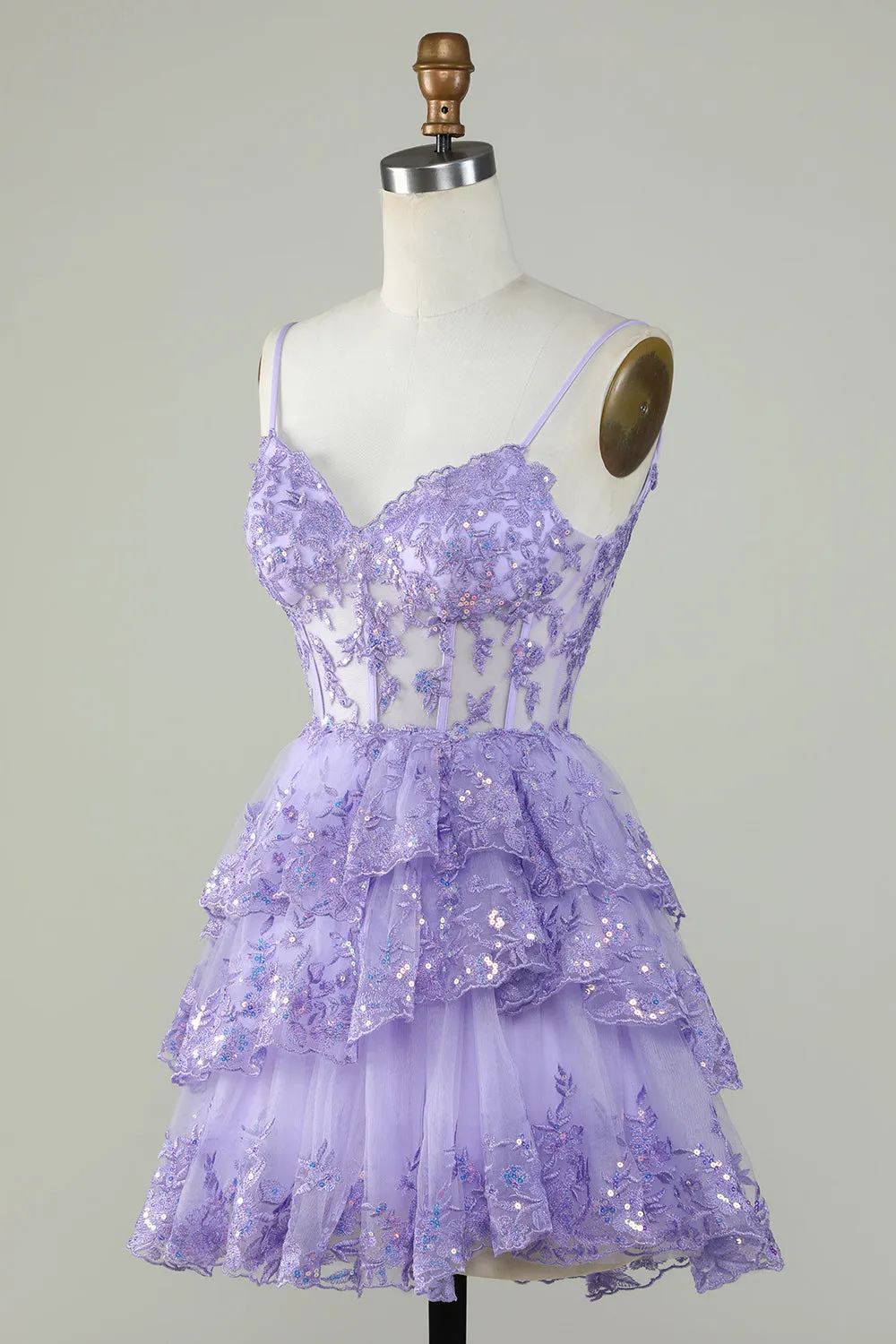 Purple Sparkly Corset A-Line Spaghetti Strap Homecoming Dress