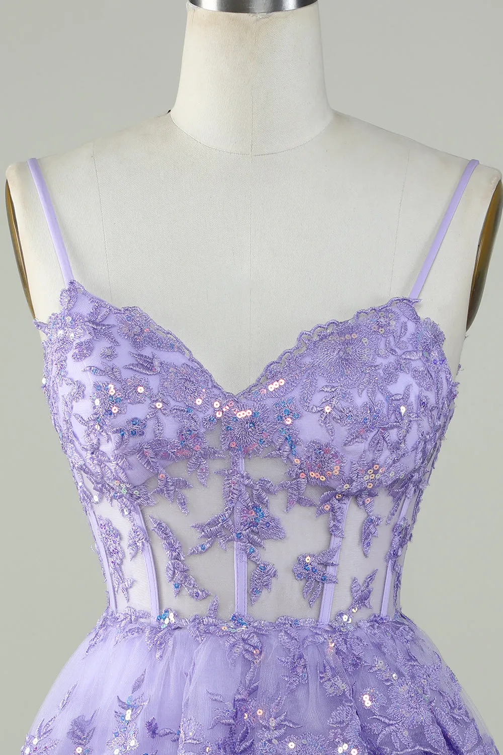 Purple Sparkly Corset A-Line Spaghetti Strap Homecoming Dress