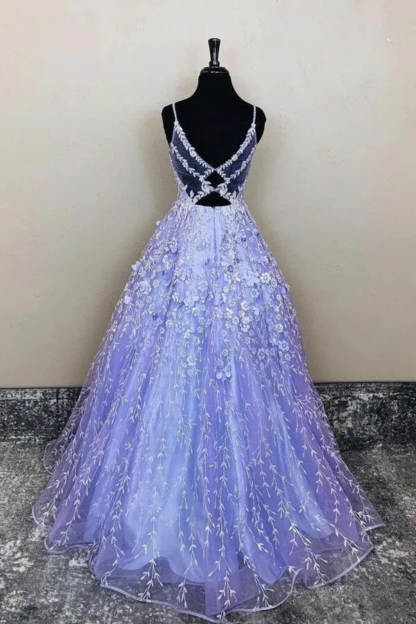 Purple Tulle A-line Long Prom Dresses, Evening Dresses With Lace Appliques, SP827