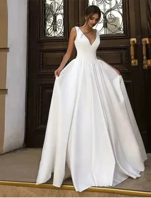 Reception Casual Formal Wedding Dresses A-Line V Neck Sleeveless Floor Length Satin Bridal Gowns With Pleats Solid Color Summer Fall Wedding Party