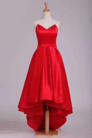 Red Asymmetrical Prom Dresses V Neck Satin Red