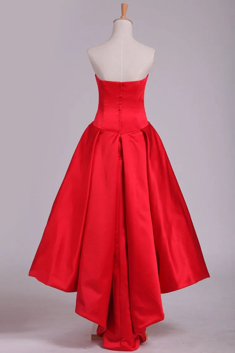 Red Asymmetrical Prom Dresses V Neck Satin Red