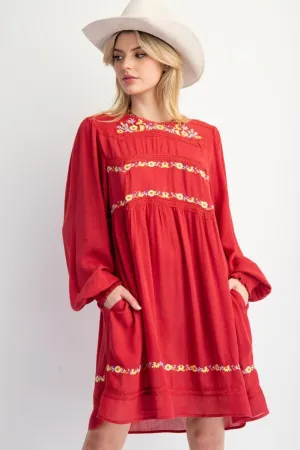 Red Dahlia Floral Embroidered Woven Dress