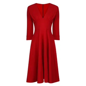 Red Deep V Neck 3/4 Sleeve Rockabilly 50s Swing Dress