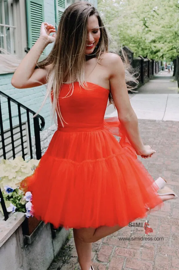 Red Tulle Tiered Strapless Ruffle Short Prom Dress Homecoming Dresses, SH546