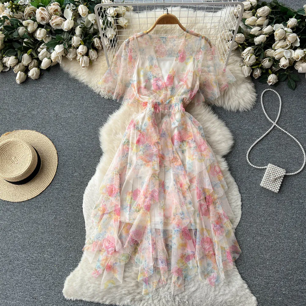 Retro French Floral Dress Women's Summer New Sweet Fairy Mid-length Skirt 346