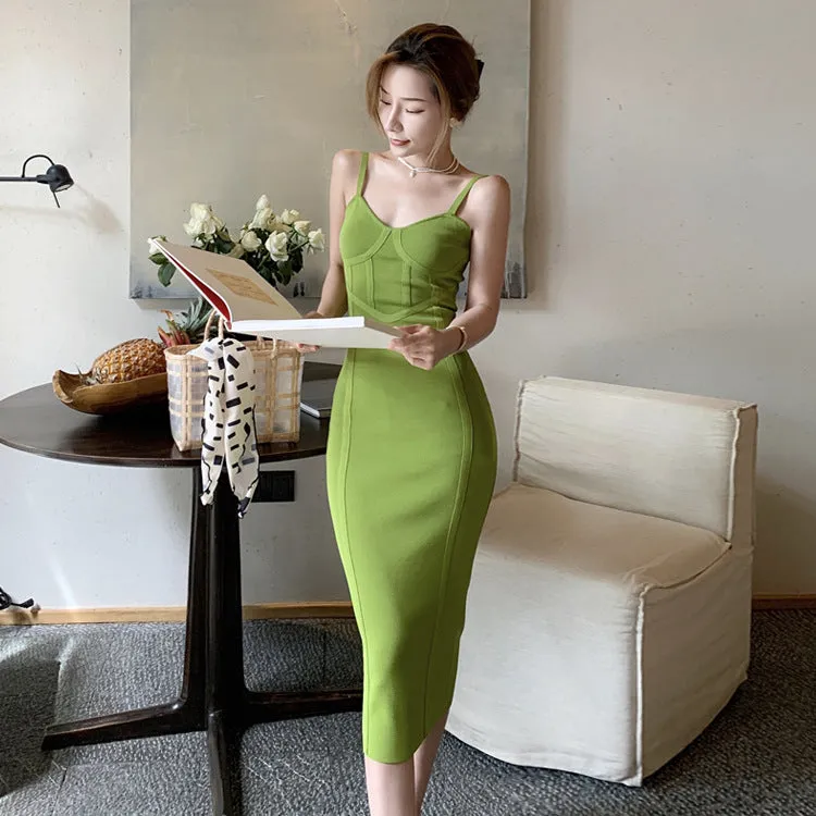 Retro Spaghetti Strap Knit Long Dress Tight Wrap Hip Dress 406