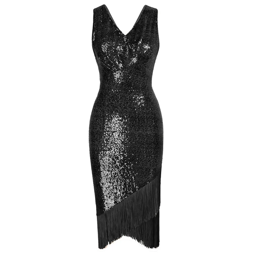 Seckill Offer⌛Sequined Sleeveless V-Neck Tassel Decorated Wrap Hem Party Dress