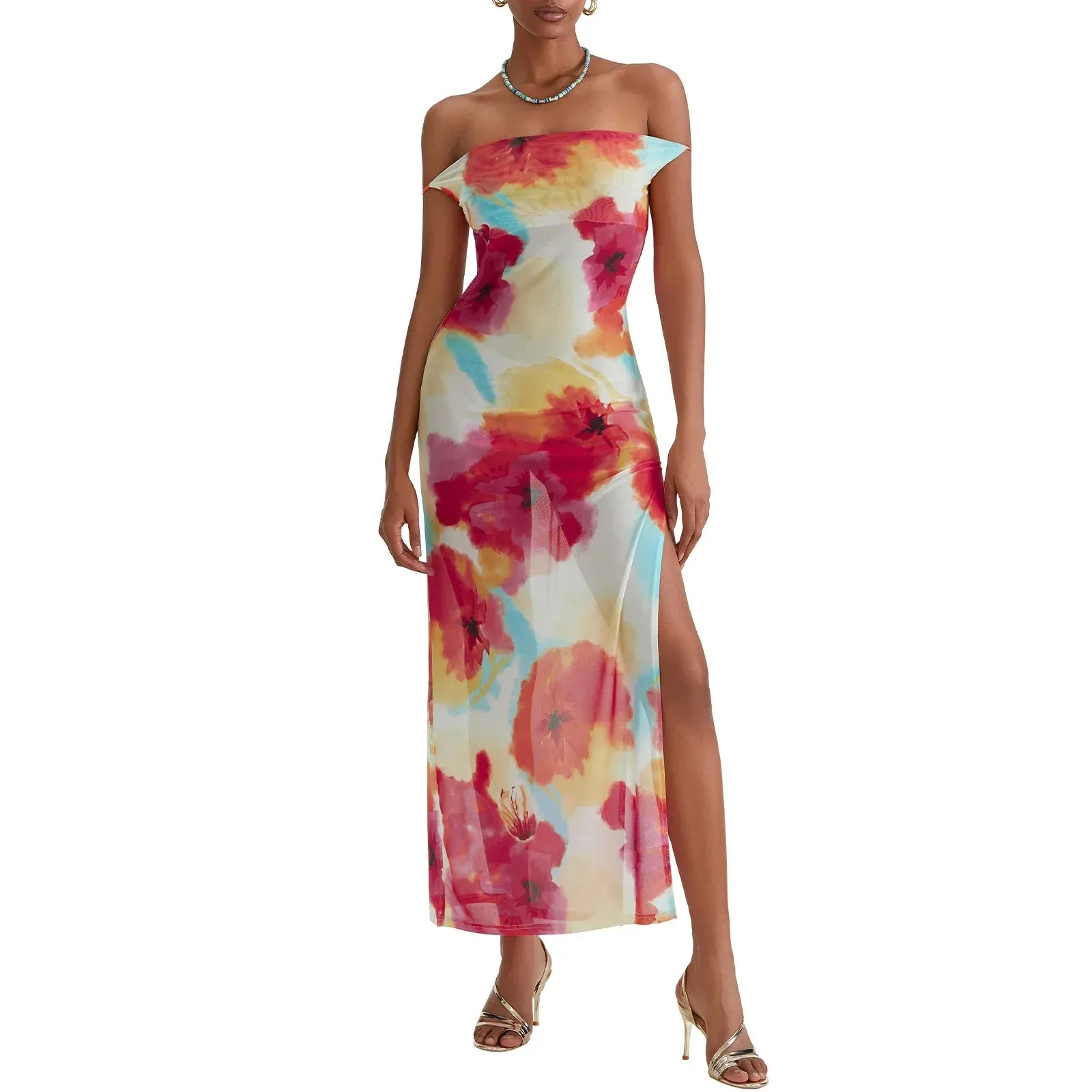 Sexy High Split Sleeveless Spaghetti Strap Floral Print Summer Boho Dress