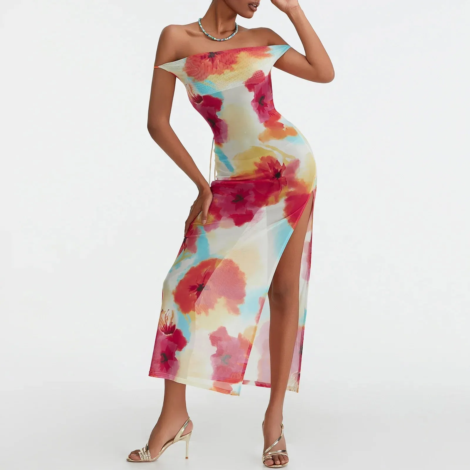 Sexy High Split Sleeveless Spaghetti Strap Floral Print Summer Boho Dress