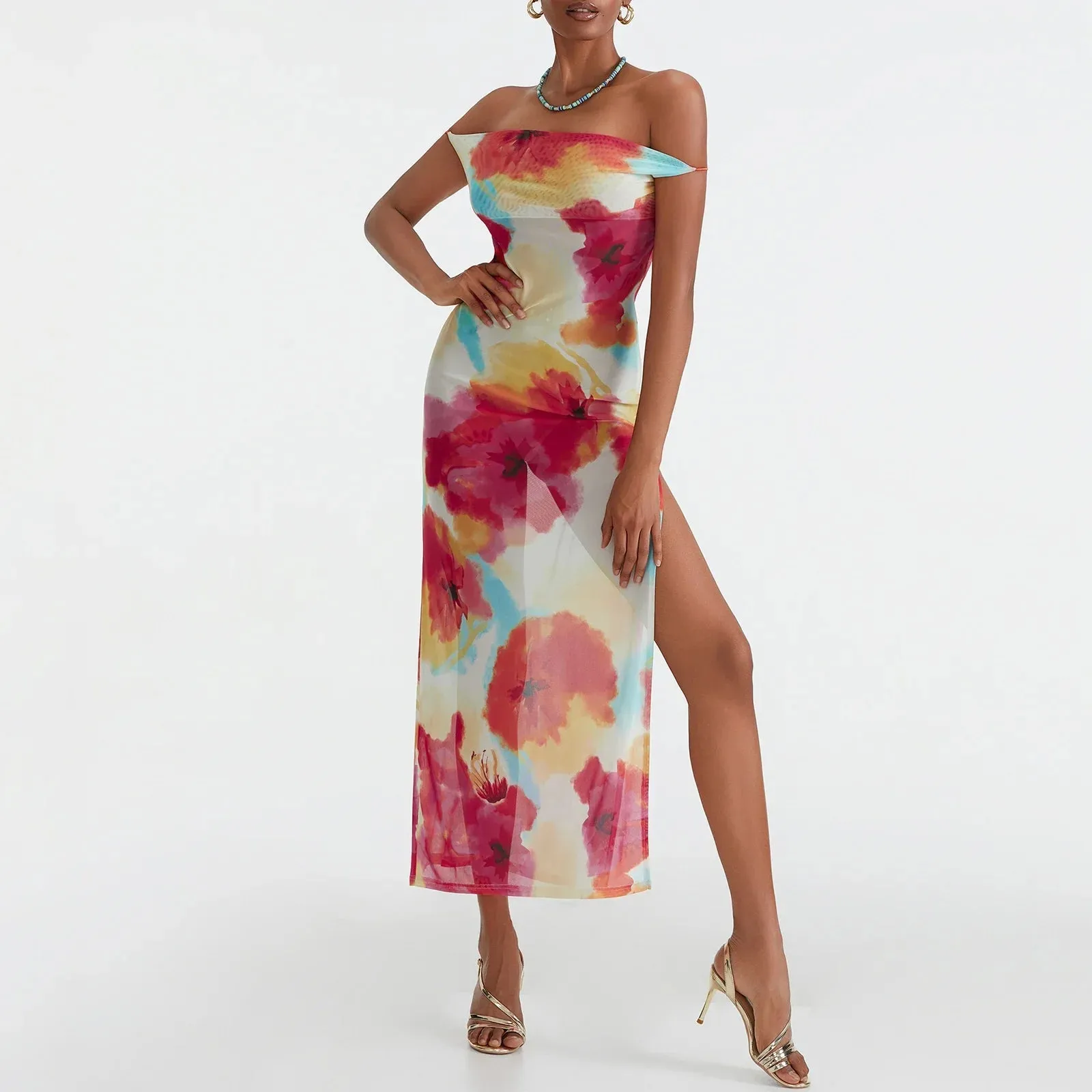 Sexy High Split Sleeveless Spaghetti Strap Floral Print Summer Boho Dress