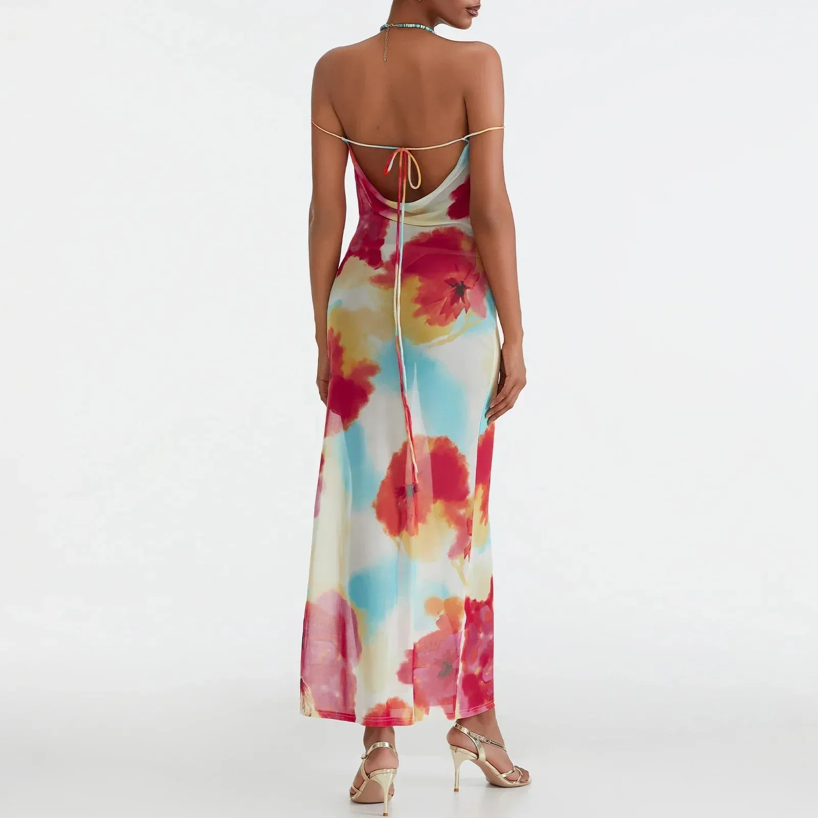 Sexy High Split Sleeveless Spaghetti Strap Floral Print Summer Boho Dress