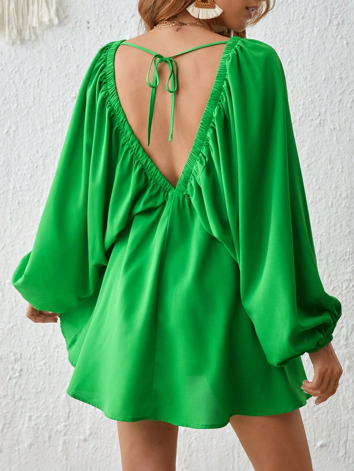 Sexy Plunging Neck Lantern Sleeve Mini Dress - Knot Detail, Deep V Neck, Bishop Sleeves