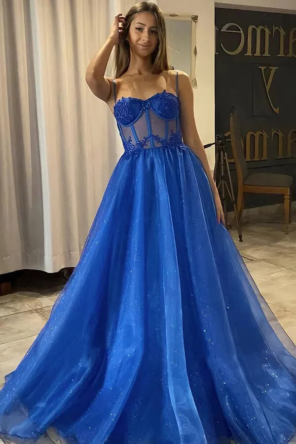 Shiny Royal Blue Tulle A-line Sweetheart Neck Prom Dresses, Party Dress, SP939