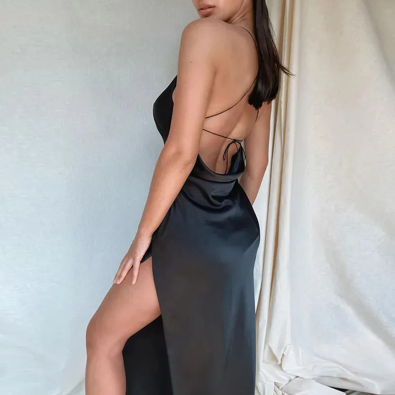 Silky Spaghetti Strap Split Long Backless Draped Bodycon Evening Beach Sexy Summer Satin Dress