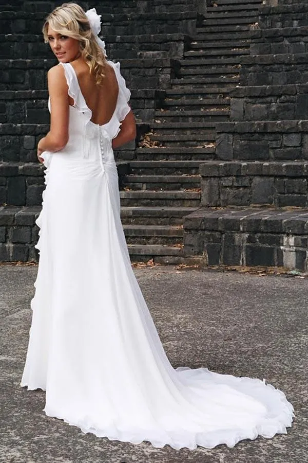 Simple A-line Chiffon Beach Wedding Dresses With Ruffles, Wedding Gowns, SW579